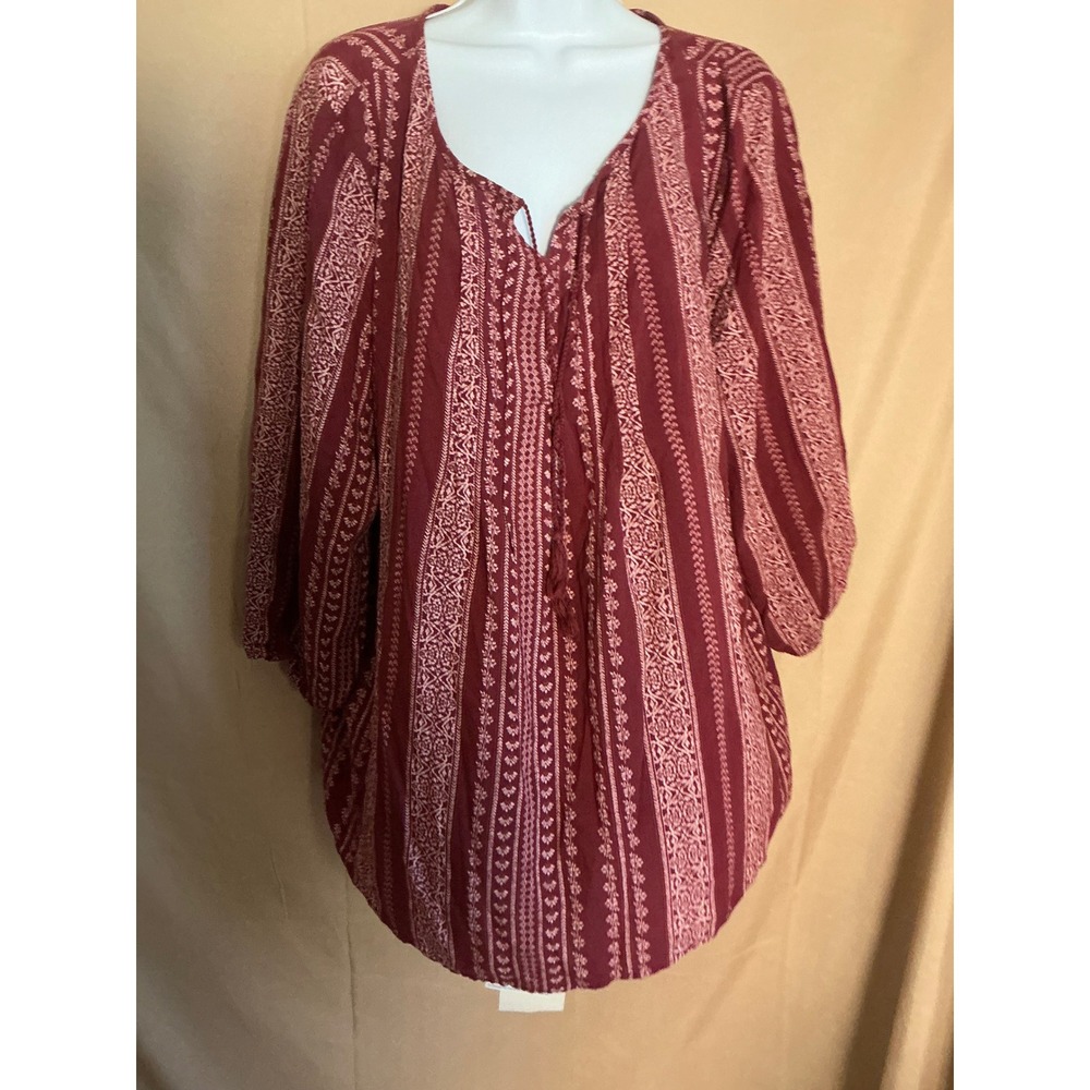 Sonoma Blouse Womens XXL Burgundy Excellent Boho Striped Rayon Tie V-Neck